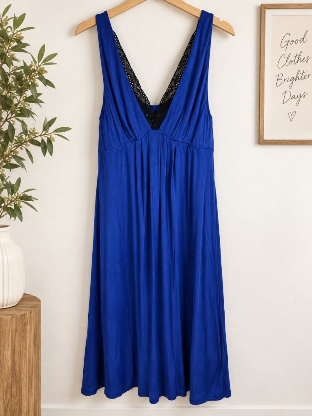 Arabella Women’s Cobalt Blue V-Neck Sleep Dress With Black Lace Trim